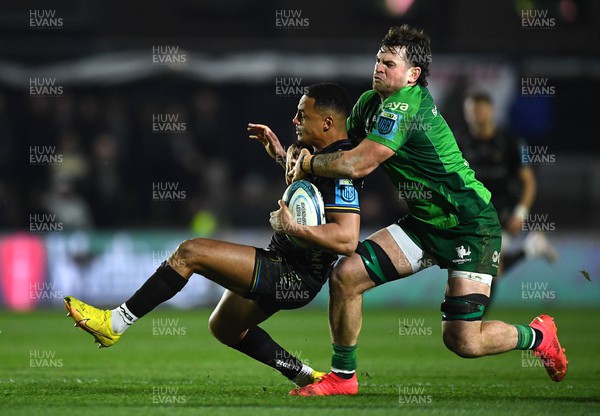 040323 - Dragons v Connacht - United Rugby Championship - Ashton Hewitt of Dragons is tackled by Conor Oliver of Connacht