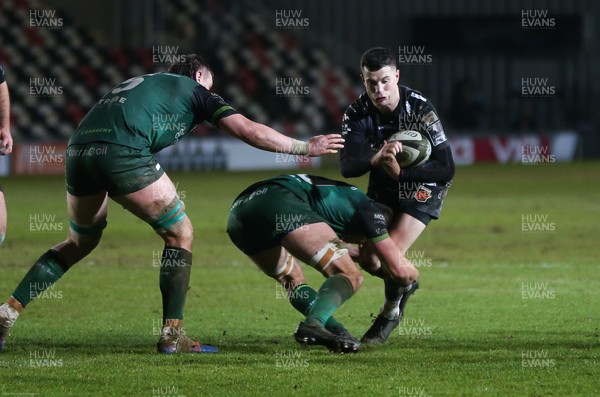 050221 - Dragons v Connacht, Guinness PRO14 - Owen Jenkins of Dragons is tackled by Oisin Dowling of Connacht