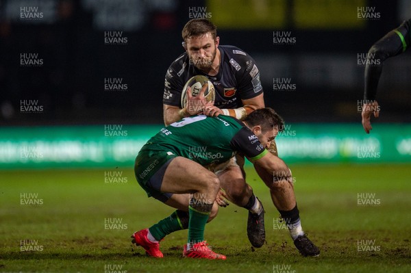 050221 - Dragons v Connacht - Guinness PRO14 - Harrison Keddie  of Dragons is tackled by Caolin Blade of Connacht