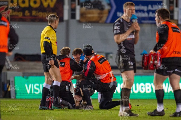 050221 - Dragons v Connacht - Guinness PRO14 - Harrison Keddie  of Dragons is treated by medical staff
