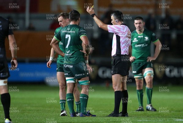 111019 - Dragons v Connacht - Guinness PRO14 - Referee Marius Mitrea gives John Porch of Connacht a yellow card