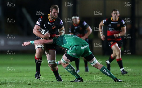 150917 - Dragons Rugby v Connacht - Guinness PRO14 - Robson Blake of Dragons is tackled by Dave Heffernan of Connacht