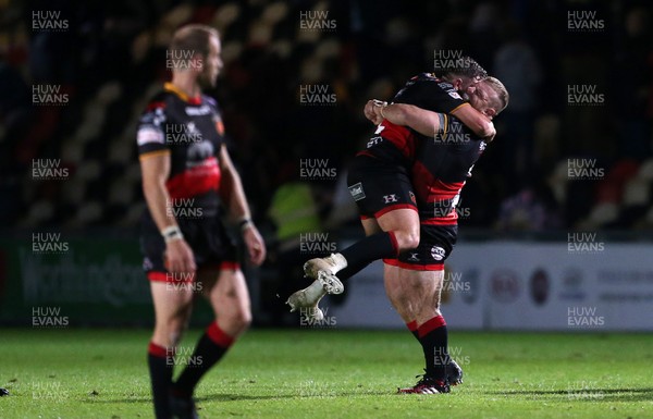150917 - Dragons Rugby v Connacht - Guinness PRO14 - Elliot Dee and Lloyd Fairbrother of Dragons celebrate at full time