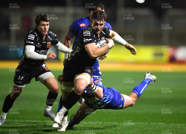 151021 - Dragons v DHL Stormers - United Rugby Championship - Taine Basham of Dragons is tackled by Ruhan Nel of Stormers