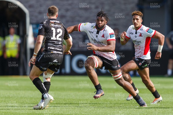 210522 - Dragons v Emirates Lions - United Rugby Championship - Vincent Tshituka of Emirates Lions takes on Josh Lewis of Dragons