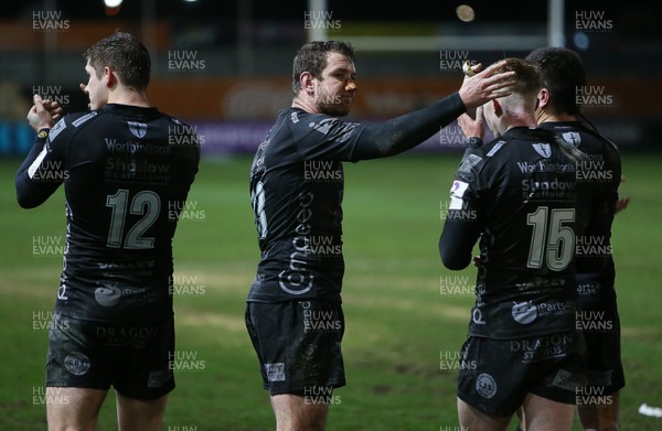 170120 - Dragons v Enisei-STM - European Rugby Challenge Cup - Adam Warren of Dragons celebrates with team mates at full time