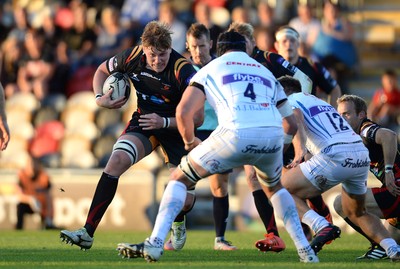 260816 - Newport-Gwent Dragons v Exeter Chiefs - Preseason Friendly -Matthew Screech of Dragons takes on Mitch Lees of Exeter