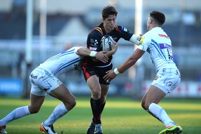 260816 - Newport-Gwent Dragons v Exeter Chiefs - Preseason Friendly -Sam Beard of Dragons is tackled by Ollie Devoto and Henry Slade of Exeter