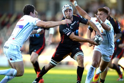 260816 - Newport-Gwent Dragons v Exeter Chiefs - Preseason Friendly -Oli Griffiths of Dragons spots a gap