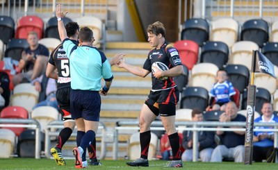 260816 - Newport-Gwent Dragons v Exeter Chiefs - Preseason Friendly -Pat Howard of Dragons celebrates scoring try