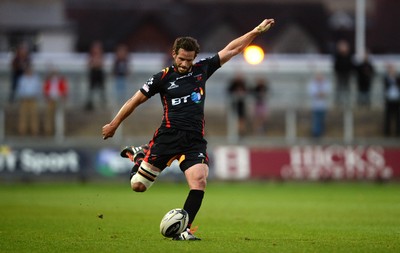 260816 - Newport-Gwent Dragons v Exeter Chiefs - Preseason Friendly -Nick Macleod of Dragons kicks at goal