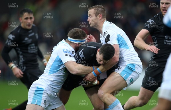 261019 - Dragons v Glasgow Warriors - Guinness PRO14 - Owen Jenkins of Dragons is tackled by Adam Nicol of Glasgow