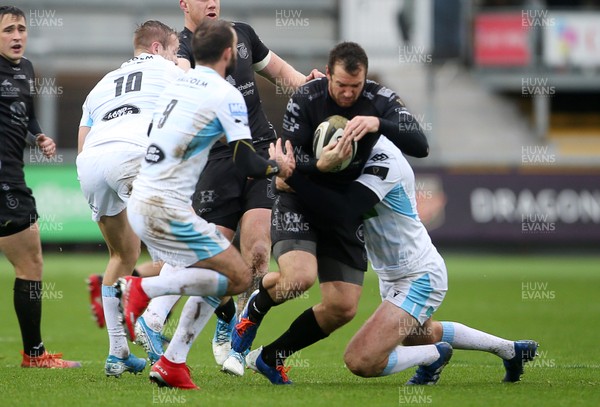 261019 - Dragons v Glasgow Warriors - Guinness PRO14 - Adam Warren of Dragons is tackled by Nick Grigg of Glasgow