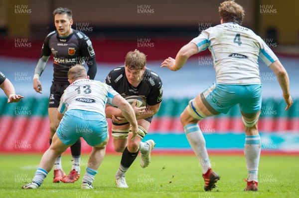 210321 - Dragons v Glasgow Warriors - Guinness PRO14 - Matthew Screech of Dragons is tackled by Nick Grigg of Glasgow Warriors