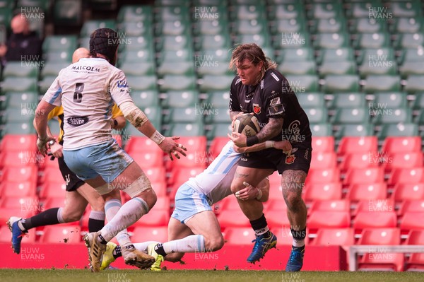 210321 - Dragons v Glasgow Warriors - Guinness PRO14 - Richard Hibbard of Dragons is tackled by Sean Kennedy of Glasgow Warriors