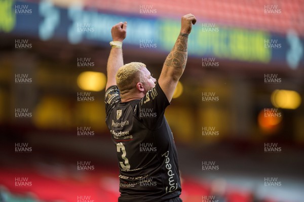 210321 - Dragons v Glasgow Warriors - Guinness PRO14 - Lloyd Fairbrother of Dragons celebrates at the final whistle