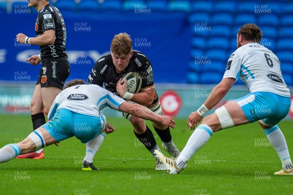 290521 - Dragons v Glasgow Warriors -  Guinness PRO14 Rainbow Cup - Matthew Screech of Dragons is tackled by Rory Darge of Glasgow Warriors