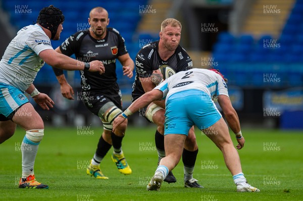 290521 - Dragons v Glasgow Warriors -  Guinness PRO14 Rainbow Cup - Ross Moriarty of Dragons is tackled by George Turner of Glasgow Warriors