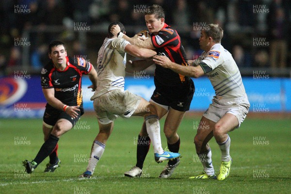 011113 - Newport Gwent Dragons v Leinster, RaboDirect PRO12 - Dragons Hallam Amos is tackled by Leinster's Noel Reid and Luke Fitzgerald