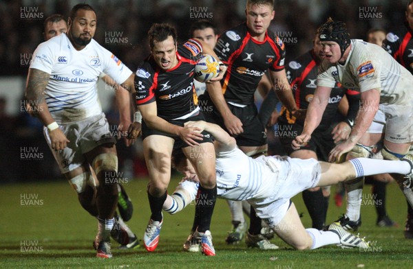 011113 - Newport Gwent Dragons v Leinster, RaboDirect PRO12 - Dragons Dan Evans is tackled short of the line