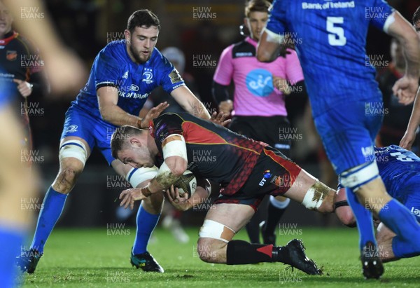 011218 - Dragons v Leinster - Guinness PRO14 - Harrison Keddie of Dragons is tackled by Caelan Doris of Leinster
