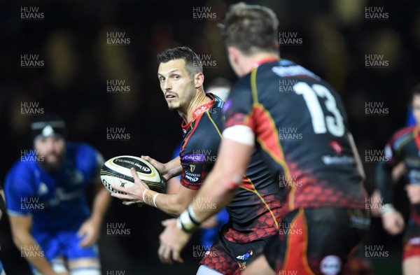 011218 - Dragons v Leinster - Guinness PRO14 - Jason Tovey of Dragons gets the ball away