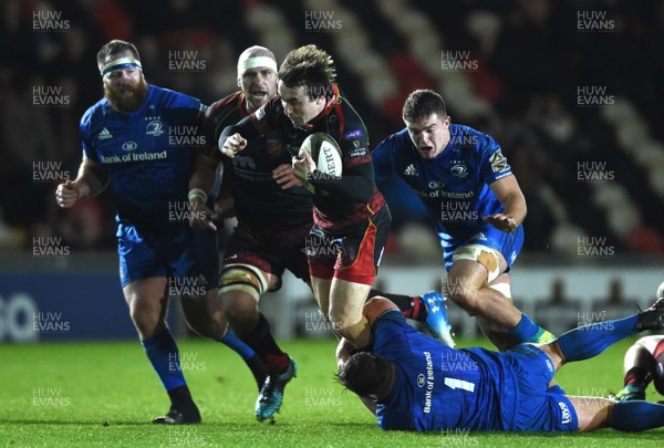 011218 - Dragons v Leinster - Guinness PRO14 - Rhodri Williams of Dragons is tackled by Ed Byrne of Leinster
