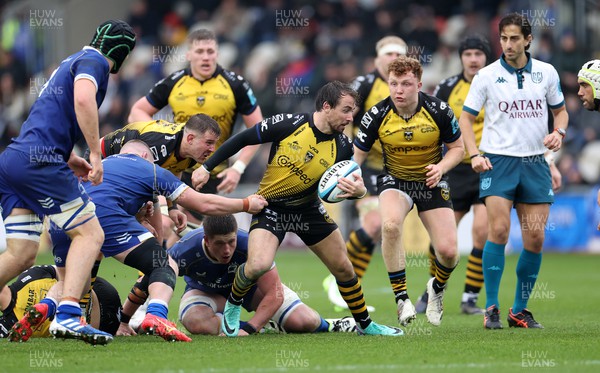 121123 - Dragons v Leinster - United Rugby Championship - Rhodri Williams of Dragons is tackled by Jack Boyle of Leinster 