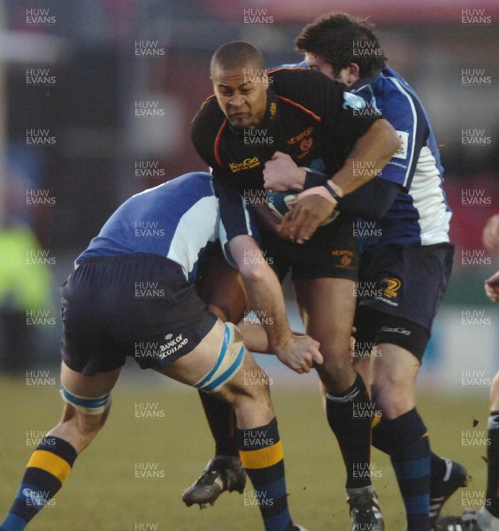 180206  Newport Gwent Dragons v Leinster  Nathan Brew is tackled by Brian Blaney and Eric Miller     