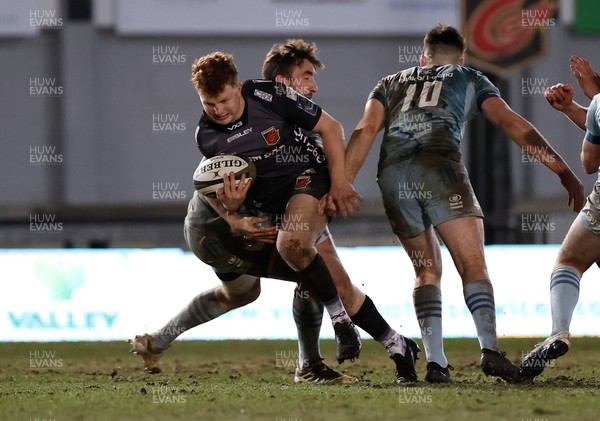 190221 - Dragons v Leinster - Guinness PRO14 - Aneurin Owen of Dragons is tackled by Jack Conan of Leinster