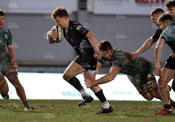 190221 - Dragons v Leinster - Guinness PRO14 - Aneurin Owen of Dragons is tackled by Jack Conan of Leinster