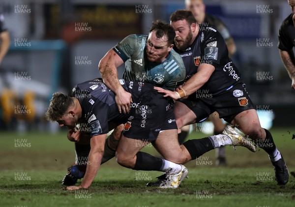 190221 - Dragons v Leinster - Guinness PRO14 - Ellis Shipp of Dragons is tackled by Peter Dooley of Leinster