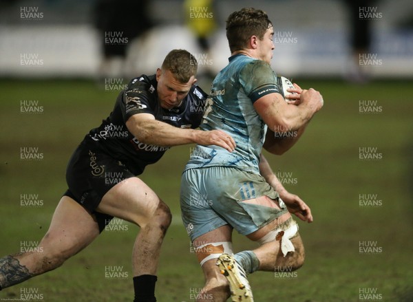 190221 - Dragons v Leinster, Guinness PRO14 - Scott Penny of Leinster is tackled by Jack Dixon of Dragons