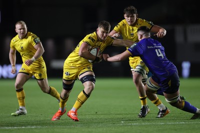281125 - Dragons RFC v Leinster - United Rugby Championship - Shane Lewis-Hughes of Dragons is challenged by Brian Deeny of Leinster 