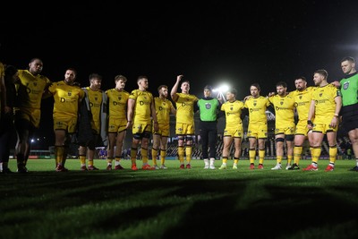 281125 - Dragons RFC v Leinster - United Rugby Championship - Dragons team huddle at full time
