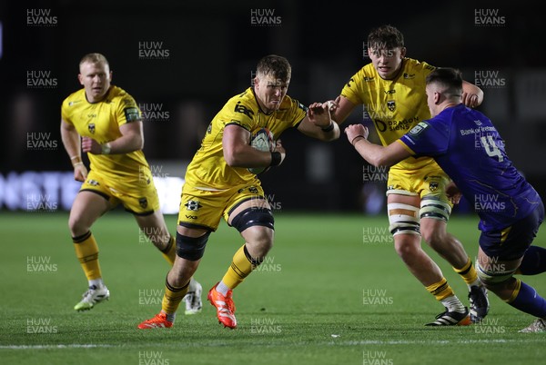 281125 - Dragons RFC v Leinster - United Rugby Championship - Shane Lewis-Hughes of Dragons is challenged by Brian Deeny of Leinster 