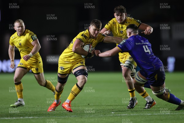 281125 - Dragons RFC v Leinster - United Rugby Championship - Shane Lewis-Hughes of Dragons is challenged by Brian Deeny of Leinster 