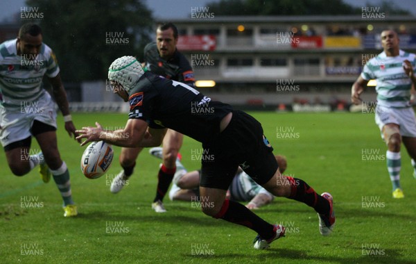 170812 - Newport Gwent Dragons v London Irish, Pre-season Friendly - Dragons Adam Hughes fails to ground the ball