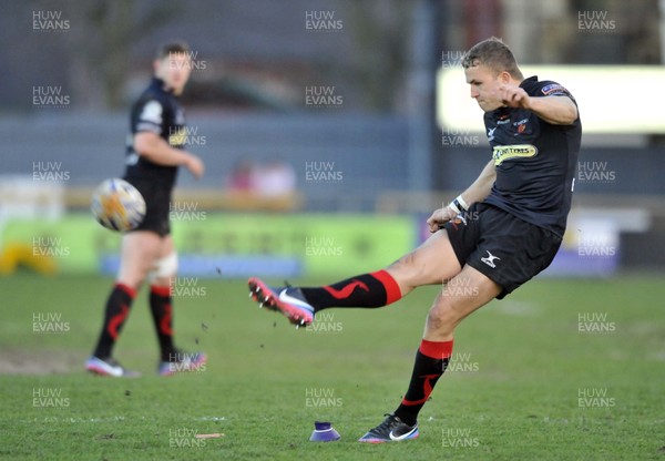 190413 - Newport Gwent Dragons v Munster - RaboDirect PRO12 -  Dragons Tom Prydie kicks a penalty 