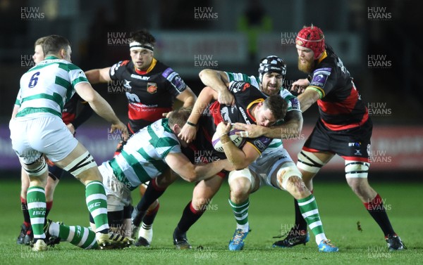 151217 - Dragons v Newcastle Falcons - European Rugby Challenge Cup - Elliot Dee of Dragons is tackled by Ben Sowrey and Gary Graham of Newcastle