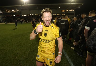 160126 - Dragons v Newcastle Red Bulls - European Rugby Challenge Cup - Angus O�Brien of Dragons celebrates at full time
