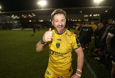 160126 - Dragons v Newcastle Red Bulls - European Rugby Challenge Cup - Angus O�Brien of Dragons celebrates at full time