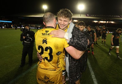 160126 - Dragons v Newcastle Red Bulls - European Rugby Challenge Cup - Ryan Woodman of Dragons celebrates at full time