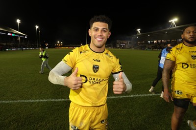 160126 - Dragons v Newcastle Red Bulls - European Rugby Challenge Cup - Rio Dyer of Dragons celebrates at full time
