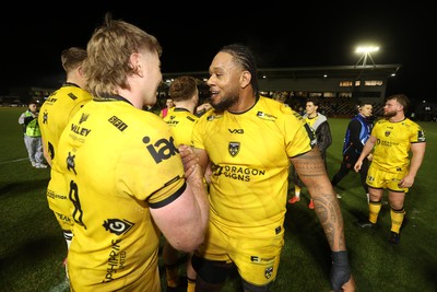 160126 - Dragons v Newcastle Red Bulls - European Rugby Challenge Cup - Levi Douglas of Dragons celebrates at full time