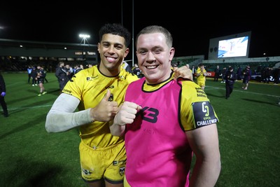 160126 - Dragons v Newcastle Red Bulls - European Rugby Challenge Cup - Rio Dyer and Brodie Coghlan of Dragons celebrate at full time