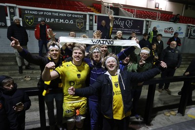 160126 - Dragons v Newcastle Red Bulls - European Rugby Challenge Cup - Aaron Wainwright of Dragons with his group of super fans at full time