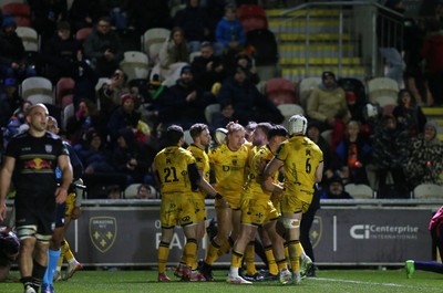 160126 - Dragons v Newcastle Red Bulls - European Rugby Challenge Cup - David Richards of Dragons celebrates scoring a try with team mates