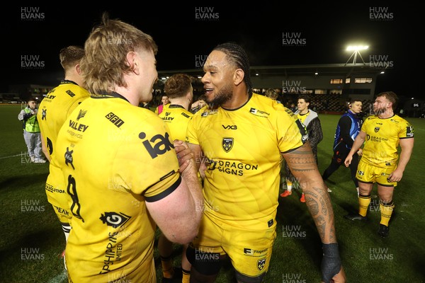 160126 - Dragons v Newcastle Red Bulls - European Rugby Challenge Cup - Levi Douglas of Dragons celebrates at full time