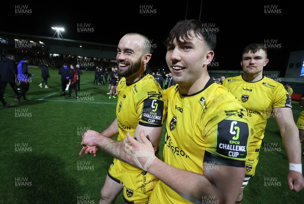 160126 - Dragons v Newcastle Red Bulls - European Rugby Challenge Cup - Cai Evans and Harri Ackerman of Dragons celebrate at full time